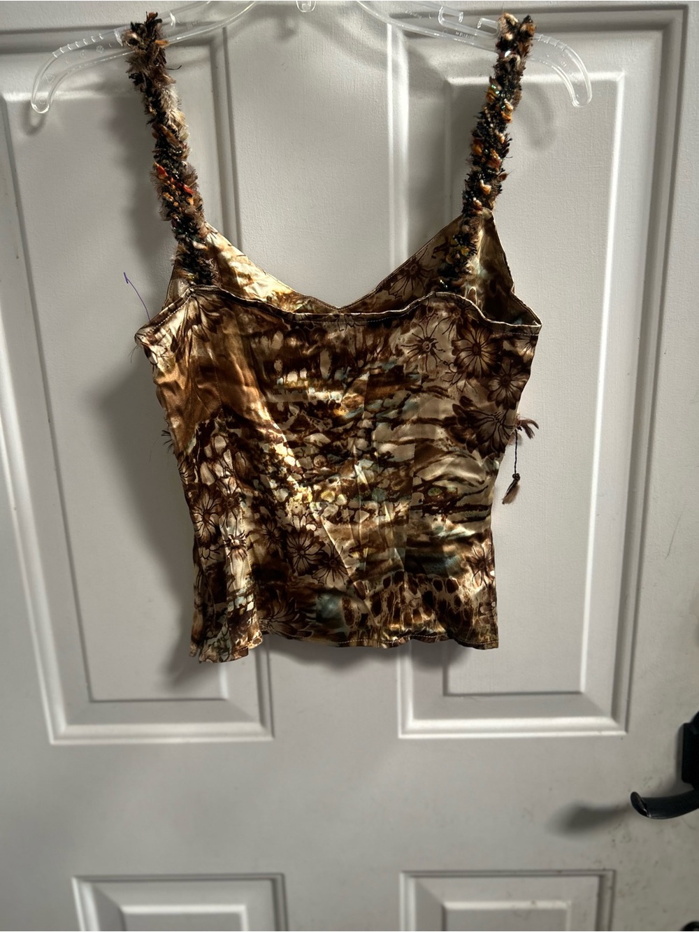 Y2K Alberto Makali Brown and Cream floral w/ feathers & Sequins tank Sz S - Picture 13 of 15
